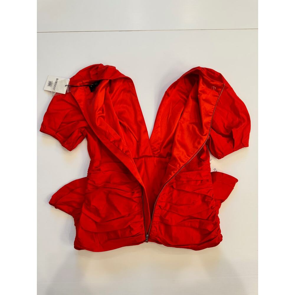 Bardot The Amie Red Ruched Mini Dress Puff Sleeve Ruffle Hem NWT L 10 Cotton - Picture 5 of 16